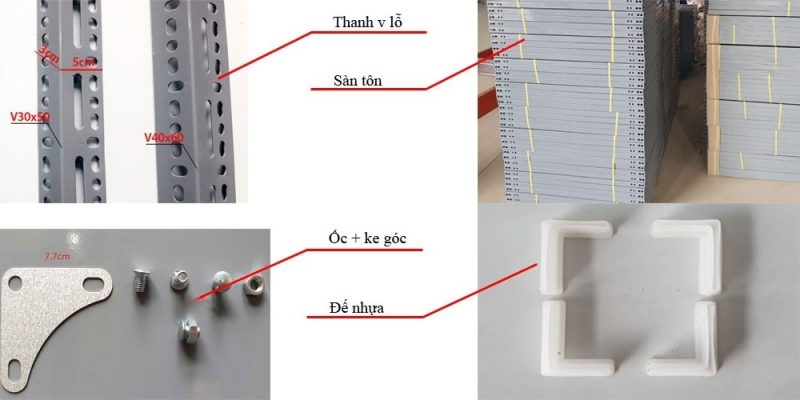 Cấu tạo kệ sắt V lỗ gồm khung sắt V lỗ chắc chắn, mâm tầng thép bền bỉ, dễ dàng lắp ráp