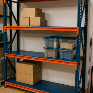 Kệ trung tải 350–550kg/tầng MHBrothers – khung chân bắt vít, thép sơn tĩnh điện màu xanh cam, phù hợp kho hàng nhỏ.